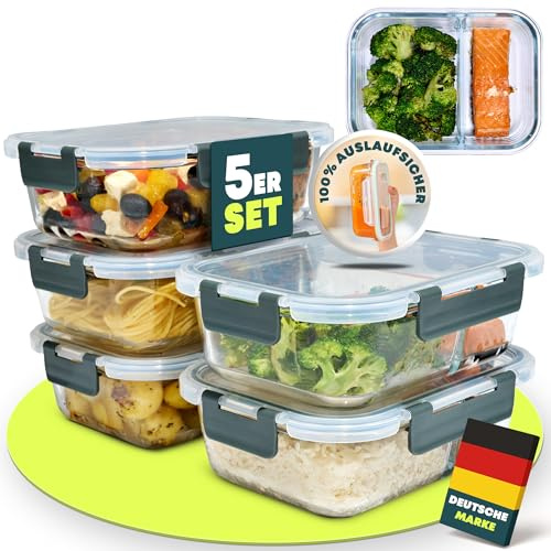 uandu Glasbehälter mit Deckel, 5- teilig, mit 2 Fächern, Meal prep Gläser, Frischhaltedosen Glas mit Deckel, Glasdosen mit Deckel Set, Meal prep Boxen
