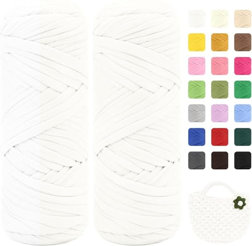 Hengrongshen 2 x 200g Textilgarn, Bändchengarn zum Stricken und Häkeln, Tshirt Garn zum Häkeln Taschen, Körbe, Teppiche, DIY-Kunsthandwerk (Weiß)