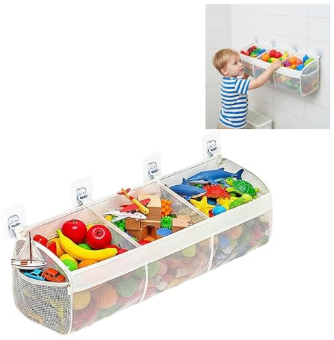 Agvdg Bath Toy Storage Net, Bath Toy Organiser Tidy Holder - 3 Compartments, Large Openings, 2 Side Pockets, 4 Strong Suction Hooks for Toys