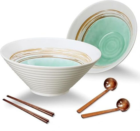 Ramen Schüssel Keramik Set, 2×1000ml Japanisches Geschirr mit Essstäbchen und Löffel, Premium Großer Pastaschüsseln, Suppenschalen, Salatschüsseln für Pho Ramen