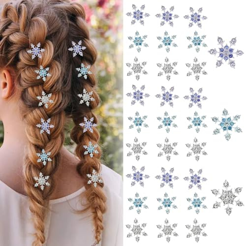Lot de 30 mini barrettes à cheveux flocons de neige en strass, accessoires de décoration pour cheveux Frozen, mini ornements flocons de neige argentés en strass pour femmes