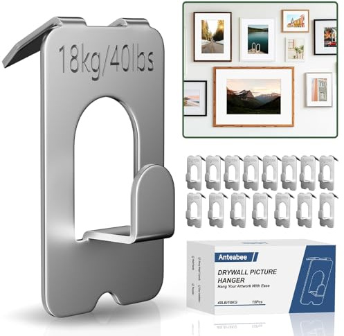 Anteabee 15Pcs No Nails Claw Picture Hanging, Plasterboard Picture Hanging Kit Heavy Duty Support Up to 18kg, Tool-Free No Damage Drywall Hooks for Mirror, Frame, Artwork, Home Decor