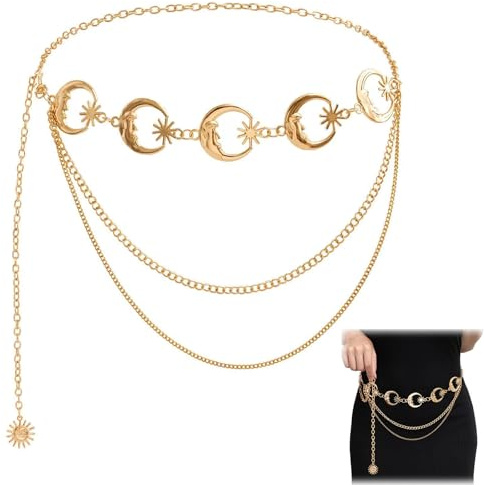 PLATEYTR Mond Sonne Metallkette Gürtel Damen 120cm verstellbar Goldfarben mit Mond Stern und Sonnen Anhänger für Kleid Jeans Bikini Party