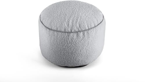 Littens Grey Silver Teddy Boucle Round Footstool Ottoman Bean Bag Pouffe, Living Room Decorative Low Seat Piped (45cm x 25cm)