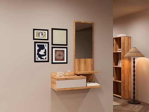 Meyvaser.com Ecommerce Company Mauvella Console d'entrée moderne avec tiroir et miroir Beige 116 x 27,4 x 81 cm Meuble auxiliaire élégant et fonctionnel pour couloirs ou entrée