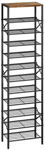 IBUYKE Schmal Hohe Schuhregal mit 12 Etagen, Vertikal, Rustikale Braun | Platzsparend, für 24 Paar Schuhe, Metall Schuhständer mit Ablage, für Eingang Flur Wohnzimmer, 42 x 26.5 x 204cm, TXJ012H