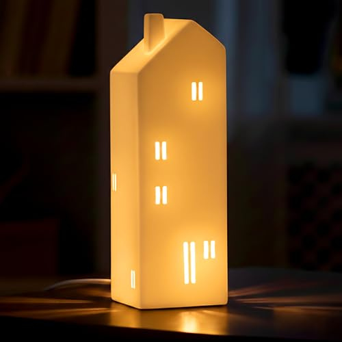 Spetebo Porzellan Tischlampe Haus im Skandi Design Matt Weiß - 27 x 9 cm - Keramik Dekoleuchte für E14 Glühbirne - Dekolampe für Innen