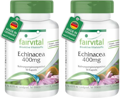 fairvital Echinacea 400mg, 90 Kapseln, schluckfreundlich, 400mg Echinacea purpurea Pulver pro Kapsel, HOCHDOSIERT, VEGAN (Packung mit 2)