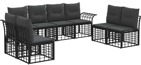 vidaXL Outdoor-Sofagarnitur 8 pcs Schwarz und Dunkelgrau Polyester, Modernes, wetterfestes, modulares Design, verstellbare Füße, Garten-Sofa-Set, Loungemöbel für Terrasse