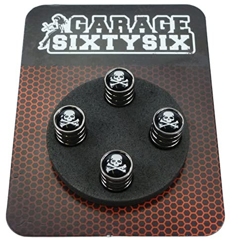Garage-SixtySix 4 Ventilkappen Skull with Bones in Schwarzchrom/Modell: Detroit