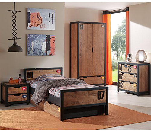 Jugendzimmer Komplettset massiv in cognacfarbig, schwarz mit Einzelbett 90x200, Nachttisch, Bettschublade, 2-türiger Kleiderschrank und Kommode