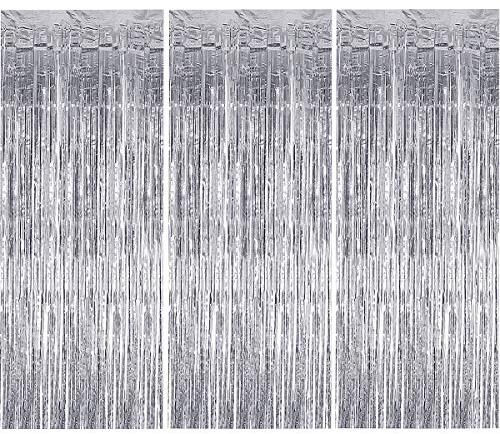 heavenlife 3 Packung Metallic Tinsel Vorhänge, Folie Fringe Schimmer Vorhang Hintergrund Lametta Glitzer Vorhänge für Hochzeit Geburtstag Party Tür Fenster Dekorationen-Silber