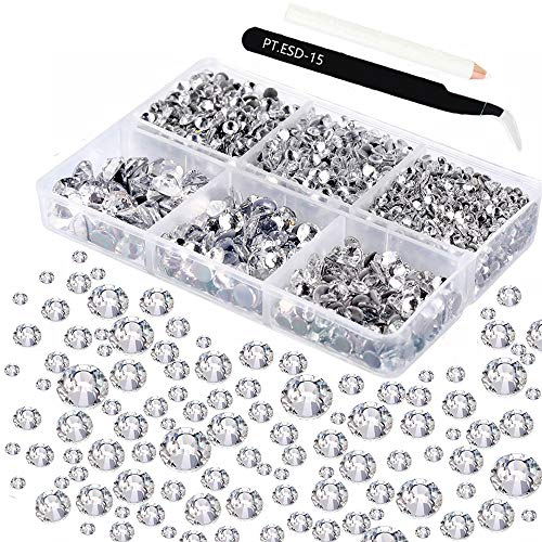 AMACOAM 4025 Stück Strasssteine zum Aufbügeln Glitzersteine Gesicht Hot Fix Klare Strasssteine 6 Größen Runde Kristall Edelsteine Strass mit Pinzette Strass Picking Stift für DIY Nägel Kleidung Schuhe