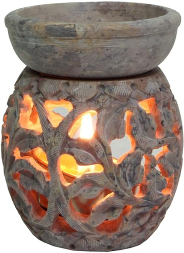 Indische Duftlampe, ätherischer Öl Diffusor, Rund Blumenranke 1 | Handgearbeitet aus Speckstein, filigrane Ornamente, abnehmbare Schale, für Aromatherapie, einzigartiges Design