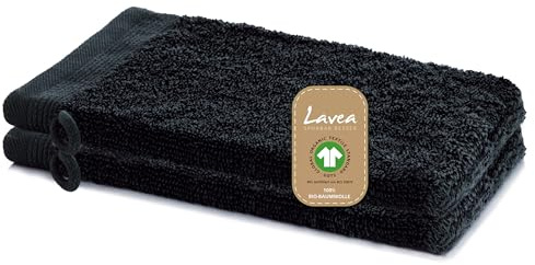 Lavea® 2er Set Waschhandschuh 16x22 cm – Schwarz | 100% Baumwolle, weicher Frottee Waschlappen, saugstark, hautfreundlich, waschbar und strapazierfähig – Frottierserie Bali