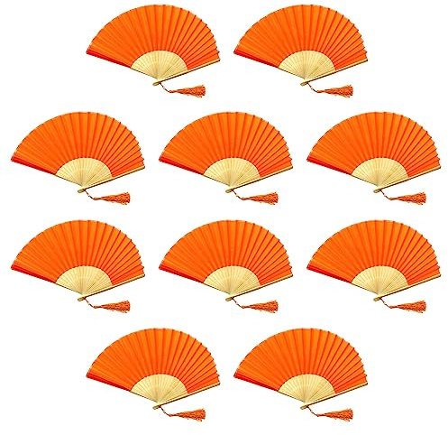 FANSOF.FANS Pack of 10 Fabric Handheld Fan with a Tassel Grade A Bamboo Ribs Party wedding Favour (Orange)