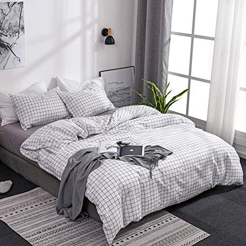 OLDBIAO Damen Bettwäsche Kariert, Bettbezug 220x240cm mit 2 Kissenbezug 80x80cm Schwarz Weiß Karo Design Soft Bettwaren für Doppelbett Bettdecke Cover