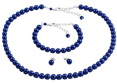 ba bijou-art Perlenkette Blau Armband Ohrstecker Titan Schmuck-Set Perlen 0,8 cm Versilbert