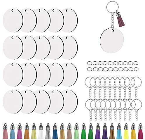 LUTER Lot de 80 porte-clés vierges en vrac pour projets de vinyle, porte-clés vierges avec panneaux de sublimation ronds double face, porte-clés, pompons en cuir, anneaux ouverts pour la fabrication