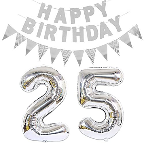 Luftballons Zahl 25 Silber + Happy Birthday Girlande + banner Folienballon 25.Geburtstags deko frau mann ballons 25 Jahre Geburtstag deko frauen Zahlenballon 25 Geburtstag dekoration Männer frau(25)