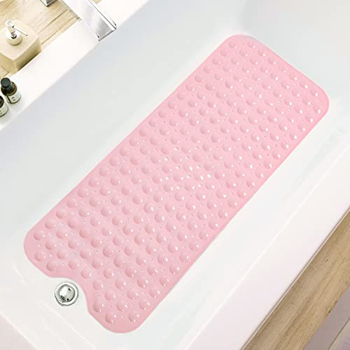 TEESHLY Bath Tub and Shower Mats, Non-Slip 39 x 16 Inch Extra Long Bath Mat, Machine Washable Bathtub Mat with Drain Holes and Suction Cups for Bathroom (Opaque Pink), XL