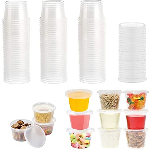 Surflyee 50 Piezas Tarros de Plastico con Tapa Pequeños, 100ML Reutilizable Recipientes Comida, Indicado para Salsas, Sopas, Condimentos, Cremas, Cuadros de Diamantes, Manualidades, etc