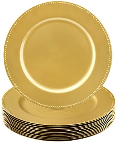 Okllen 12 Pack Plastic Gold Charger Plates, 13 Round Beaded Charger Plates Decorative Dinner Chargers, Embossed Charger Serving Plates for Wedding, Catering Event, Tabletop Decor