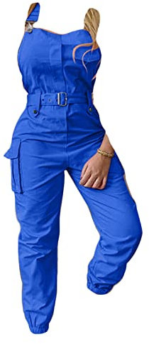 ORANDESIGNE Salopette Cargo Femme sans Manches Combinaisons Ceinturées à Bretelles Réglables Mode Pantalon à Bavette Décontracté avec Poches A Bleu 3XL