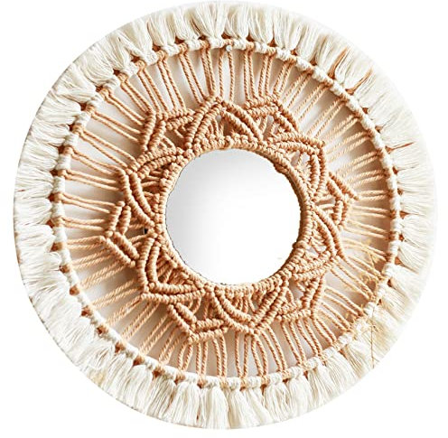 MagiDeal Miroir en macramé, Miroir Mural Suspendu Boho Fringe Miroir décoratif Rond pour Appartement, Salon, décoration d'intérieur, Blanche