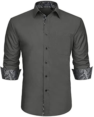 HISDERN Graues Businesshemd Formelle Langarm-Knöpfe Braune Paisley-Arbeit Business Eleganter Blumenkragen Normale Passform Dunkelgraues Hemd L