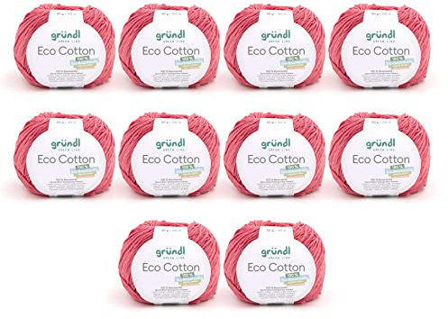 Gründl Wolle Eco Cotton - Wolle zum Häkeln - Wolle zum Stricken - Häkelgarn - Weich und hautfreundlich - 100% Bio-Baumwolle - 10 Knäuel 50 g / 105 m - Nadelstärke 3,5-4,5 - rosé