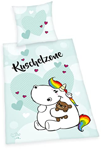 Herding Pummeleinhorn Bettwäsche-Set Kuschelzone, Kopfkissenbezug 80 x 80 cm, Bettbezug 135 x 200 cm, Mit leichtläufigem Reißverschluss, 100% Baumwolle/Renforcé, Weiß/Blau