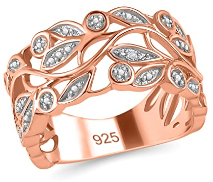 SHOP LC 925er Silberring für Damen mit Blattdesign und Diamantbesatz, rosévergoldeter Verlobungsring – Elegantes Damenschmuckgeschenk für Hochzeit, Jahrestag, Valentinstag