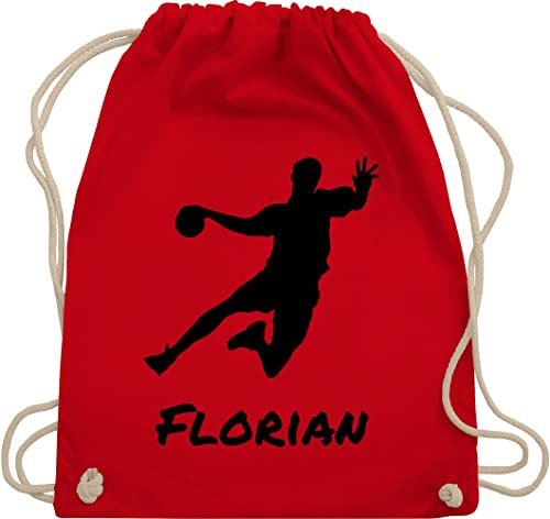 Turnbeutel Rucksack - Geschenke Handball Zubehör - Handballer Silhouette mit Name - Unisize - Rot - für tasche personalisiertes beutel turnsack stoffbeutel sportbeutel turnsackerl baumwollrucksack