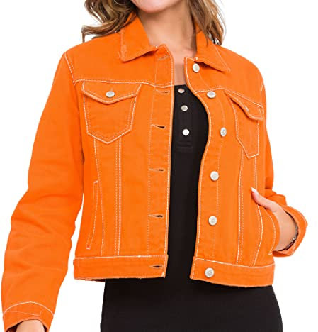Cipo & Baxx Damen Jacke WJ212 Orange – Stylische Jeansjacke im Casual Streetwear Look mit Knopfleiste & Brusttaschen – Übergangsjacke für Alltag & Freizeit – WJ212 Orange L