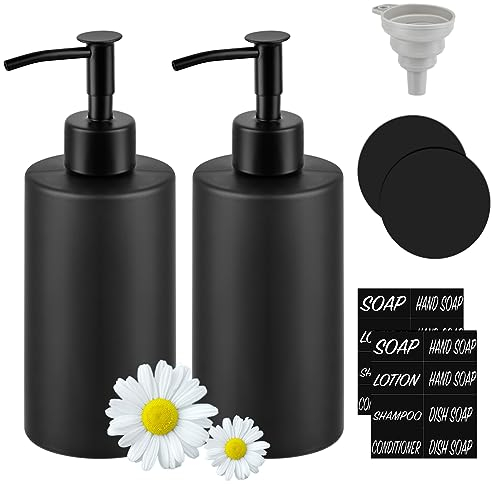 2Pcs Distributeur de Savon en Verre 350 ML TIMESETL Distributeur à Pompe en Acier Inoxydable Bouteille de Savon en Verre Noir Distributeur de Savon Bouteilles de Shampoing à Remplir
