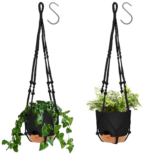 GARDIFE 8 inch Hanging Planters with Mcreme Plant Hanger for Indoor and Outdoor Plants, 2 Pack Large Self Watering Hanging Plant Pot with Basket Flower Pot with Drainage Hole (Black)