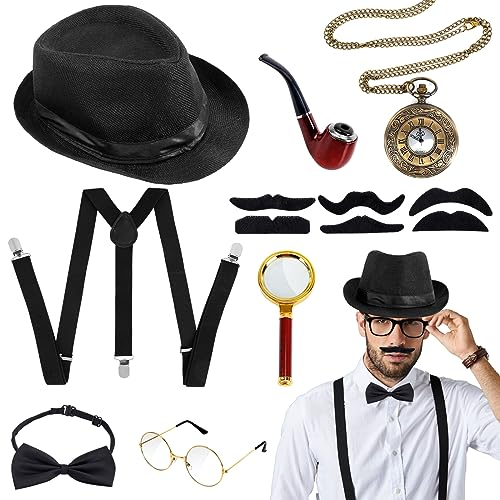 20er Jahre Kostüm Herren Gatsby, Peaky Blinders Kostüm mit Hut Brille Hosenträger Halsschleife Lupe Bart Taschenuhr, 20er Jahre Accessoires Herren Set für Retro Cosplay Karneval Halloween Party