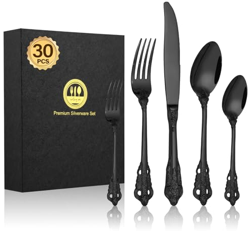 BEWOS Juego de Cubiertos Palacio de Negros de 30 Piezas, Cubiertos Acero Inoxidable, Mangos con Diseño en Relieve, Cuberteria para Familia y Banquetes, Envueltos para Regalo, Aptos para Lavavajillas