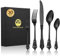 BEWOS 30 Stück Schwarz Mattiert Palast Besteck Set, Hochwertig Edelstahl Besteck, Geprägte Design-Griffe, Bankett Essbesteck, Atemberaubend Poliert & als Geschenk Verpackt, Spülmaschinenfest