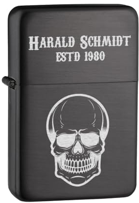 Benzin Feuerzeug in Anthrazit mit Totenkopf Gravur für Männer - Geschenk zum Geburtstag und Weihnachten - Geschenke für Papa zum Vatertag - Metall Sturmfeuerzeug mit Name