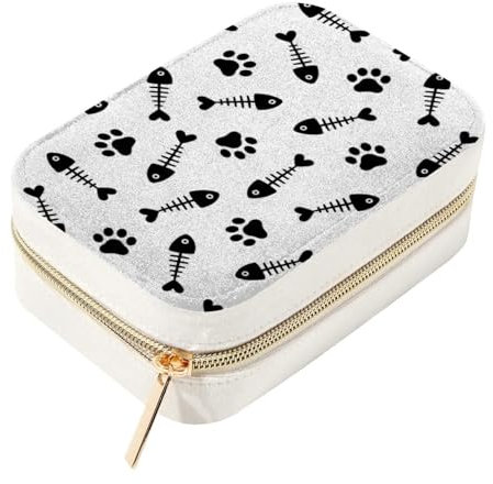 RODAILYCAY Fishbone Katze Hund Pfotenmuster Samt Reise Schmuckschatulle mit Reißverschluss, tragbare Halskette Halter, Ring Ohrring Aufbewahrung, Armband Organizer für Schmuckliebhaber