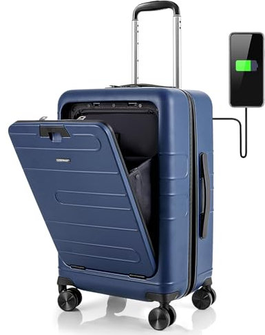 COSTWAY Valigia Bagaglio a Mano 20 con Tasca Frontale, Porta USB, Tavolino Pieghevole, Trolley Bagaglio a Mano con Serratura, Ruote Girevoli, Manico Regolabile (Senza Beauty + Blu Scuro)