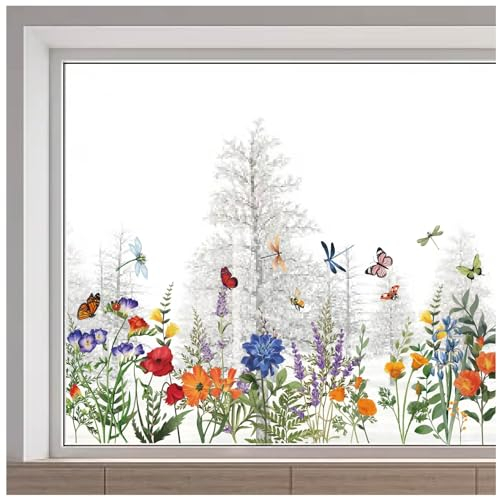 GORGECRAFT 118x40cm Schmetterlings-Blumen-Fensteraufkleber Florale Fensteraufkleber Frühlings- Und Sommerlibelle Kollisionssicher Wildblumen-Fenster Statische Fensterfolie Für Glasfenster Dekoration