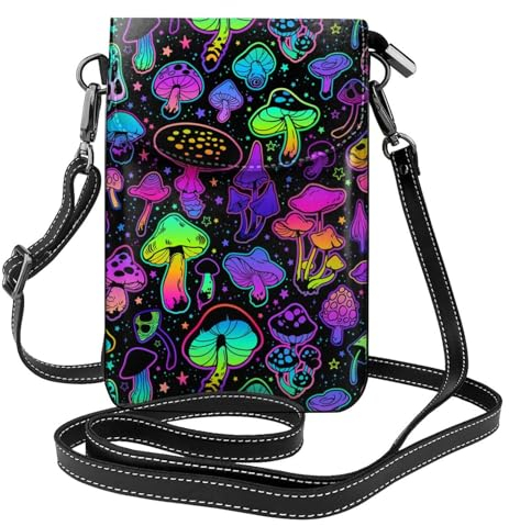 Kleine Umhängetasche aus Leder, Motiv: Neon-Pilze, Geldbörse für Damen und Herren, Reise-Umhängetasche, Handy-Geldbörse, Tasche mit Kreditkartenfächern, Neon-Pilze, siehe abbildung, Einheitsgröße
