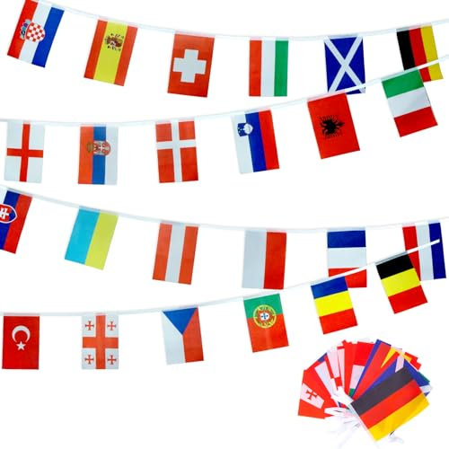 Yumcute Fußball EM 2024 Deko, 24 Länderr Flaggen Der Welt Fahnen Europa Flaggen Girlande Flaggen Perfekte Dekorationen für Eurovision Party Deko Bar