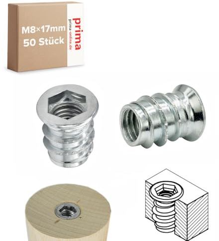 Einschraubmutter M8 x 17 mm – Einschraubmuffen/Eindrehmuffen aus verzinktem Stahl – Innengewinde für Holzbau & Möbelbau (50 Stück)