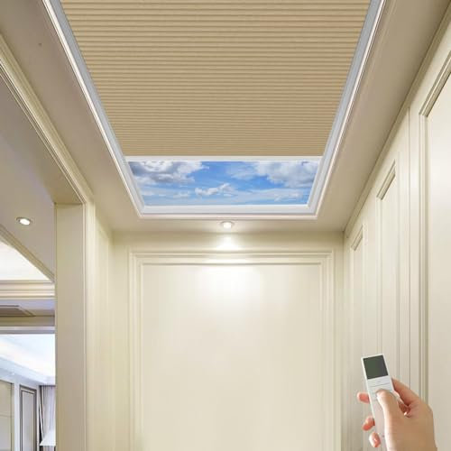 TIPIACE New Upgrade Rechargeable Motorized Skylight Blinds Full Blackout Fabric Cellular Honeycomb Shades Suitable for Roof Inclined Plane Room Windows (Coffee 93021H)