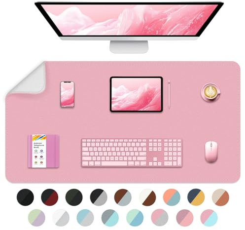 Bleswin Grand sous-main multifonctionnel, double face, tapis de souris étendu, protecteur de bureau en cuir synthétique imperméable, 90 x 40 cm, tapis d'écriture pour bureau à domicile (rose + argent)