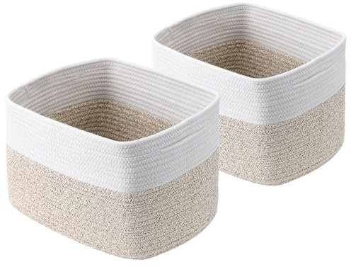 Homsorout Lot de 2 paniers de rangement en corde de coton tressé, empilables, pour salle de bain, chambre d'enfant, table de rangement, blanc et beige